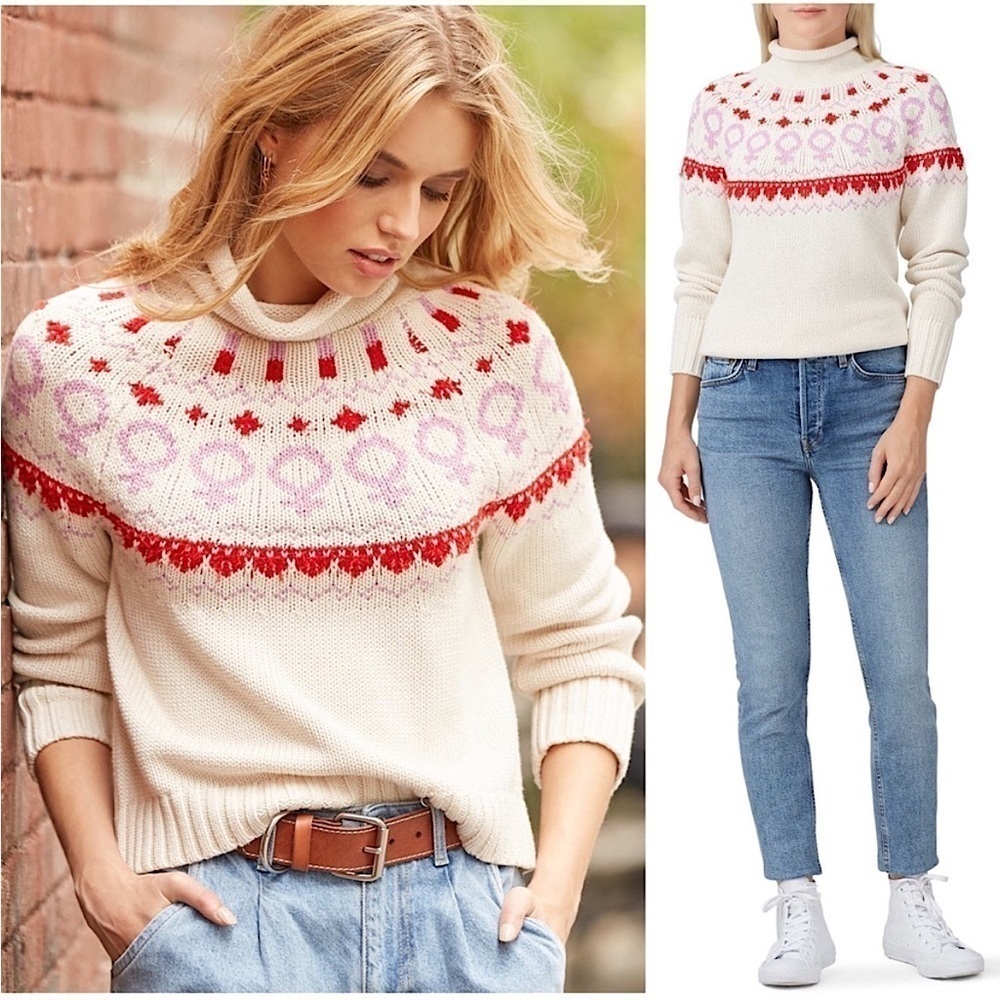 525 AMERICA Shaker Knit Female Symbol Fair Isle Apres-Ski Mockneck Sweater L